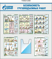 Стенд Безопасность грузоподъемных работ, 5 плакатов соуэло А3, объемный карман А4 (1100х1200; Пластик ПВХ 4 мм; Алюминиевый профиль)